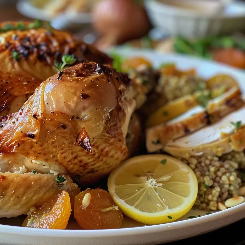 Side view of a golden-brown rotisserie chicken with visible apricot and freekeh stuffing.