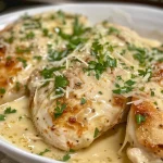 Juicy Slow Cooker Garlic Parmesan Chicken garnished with fresh parsley.