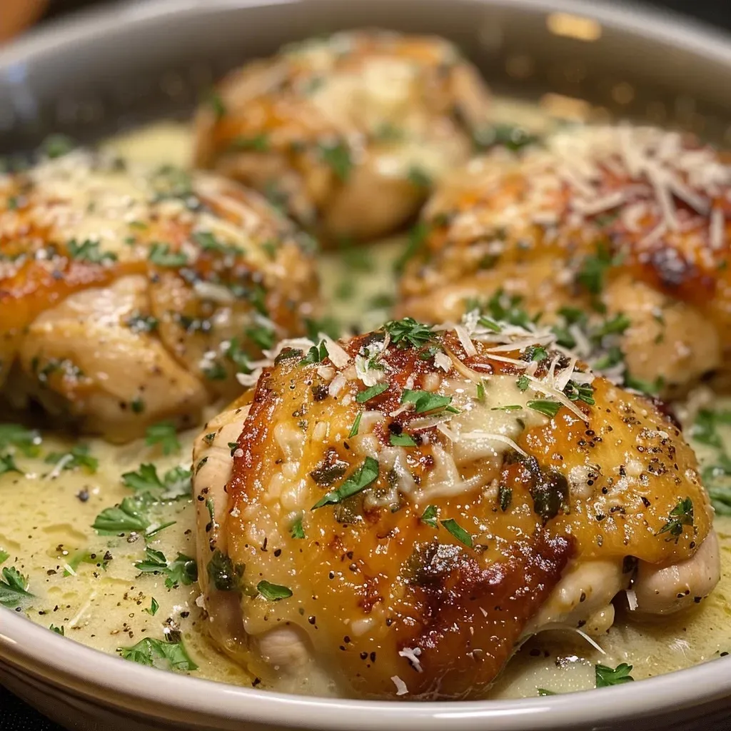Close-up view of tender chicken coated in creamy garlic Parmesan sauce.