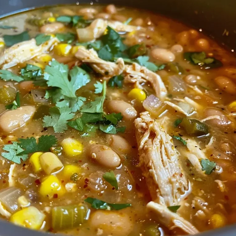 A close-up view of a bowl of Slow Cooker White Chicken Chili, showcasing its creamy texture and visible ingredients.