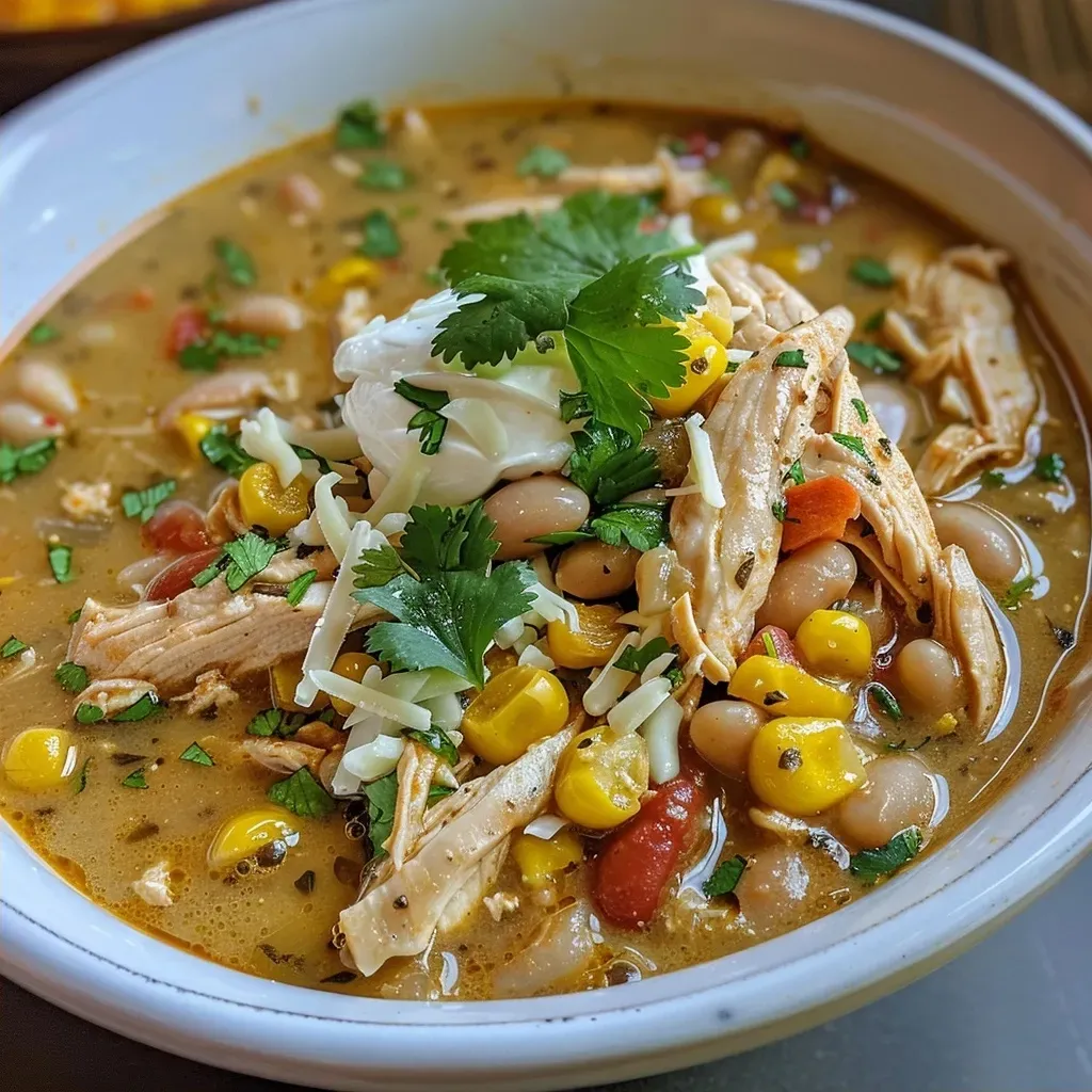 Side view of a hearty bowl of Slow Cooker White Chicken Chili with a sprinkle of cilantro on top.