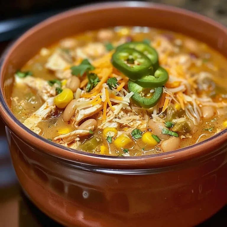 The Heartwarming Spicy White Chicken Chili That Warms Every Winter Evening Close-up view of a bowl of Spicy White Chicken Chili topped with jalapeños and herbs.