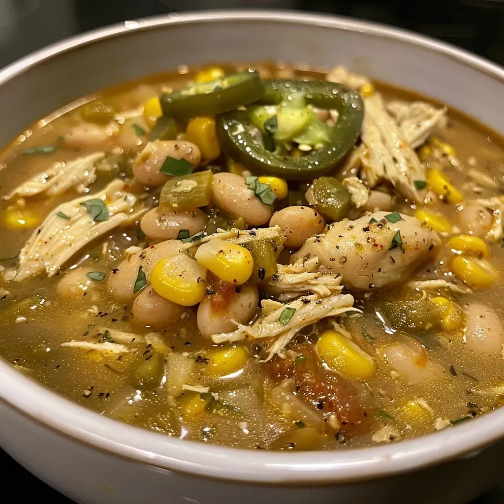 Side view of a steaming bowl of Spicy White Chicken Chili with visible beans and chicken.