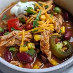 Close-up view of Stovetop Chicken Chili with colorful ingredients.