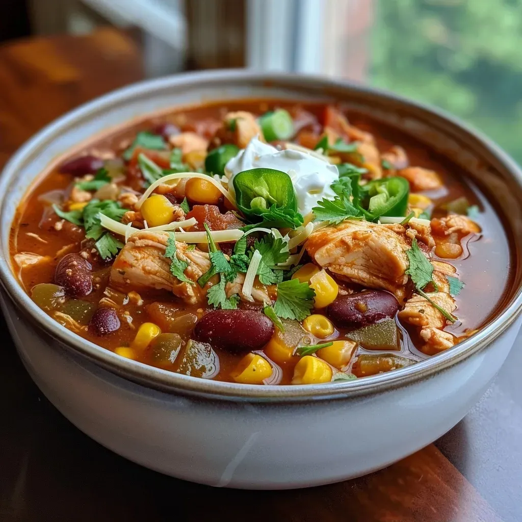 Juicy Chicken Chili in a bowl, showcasing beans and vegetables.