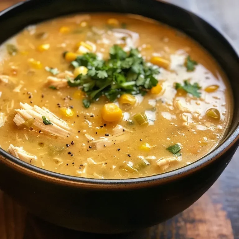 Close-up view of a bowl filled with Sweet Corn and Chicken Soup, showcasing its creamy texture and garnishes.