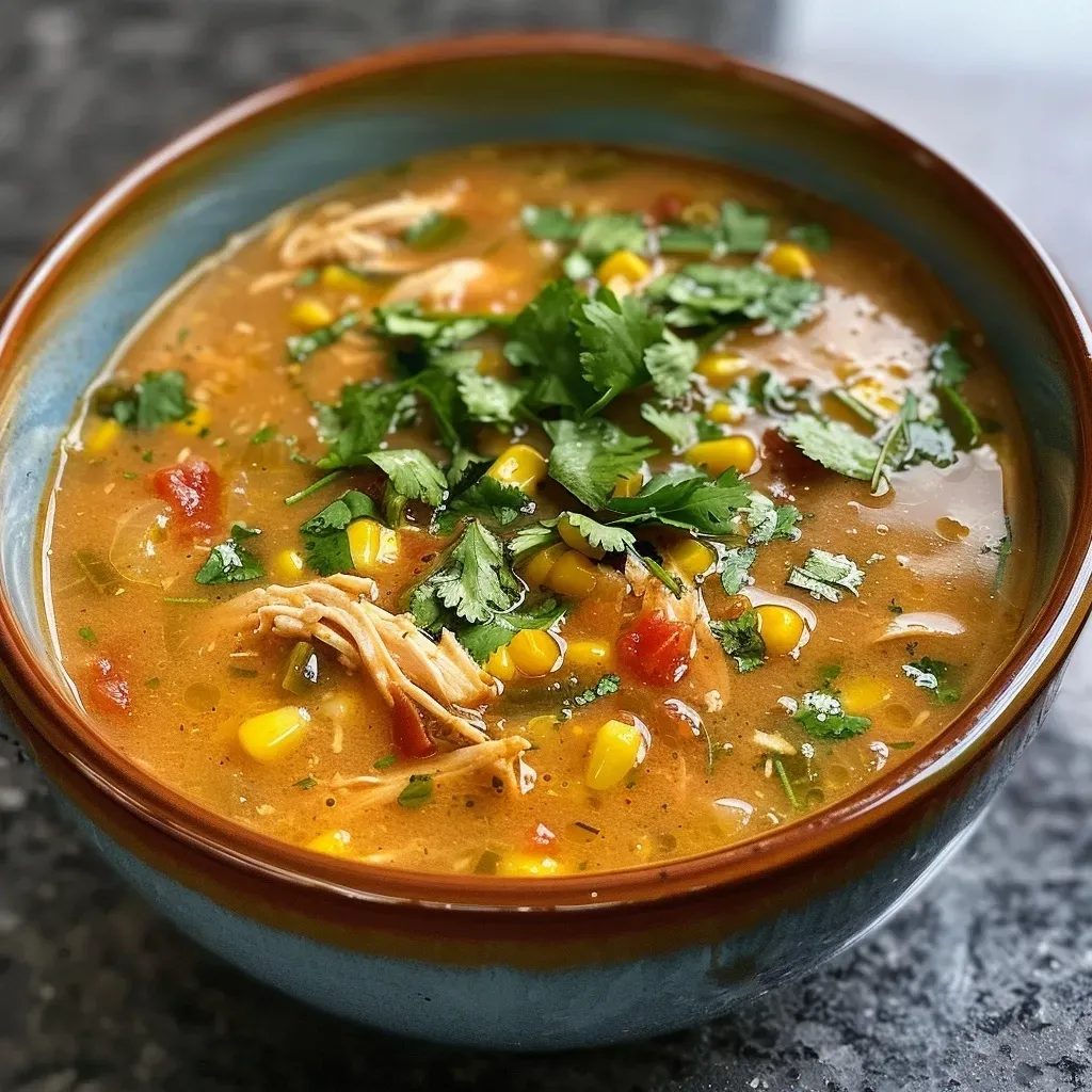 Side view of a hearty Sweet Corn and Chicken Soup in a bowl, featuring golden corn and shredded chicken pieces.
