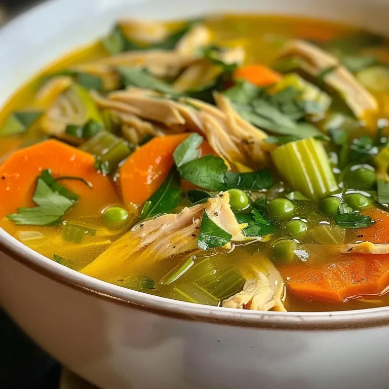 Close-up view of a bowl of bright yellow turmeric chicken soup with vegetables.