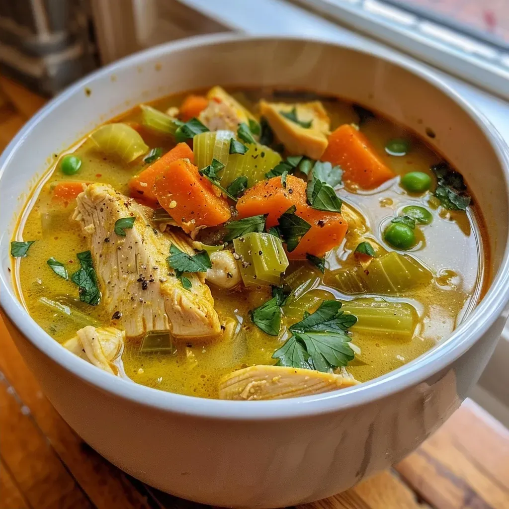 Side angle of a steaming bowl of turmeric chicken soup garnished with parsley.