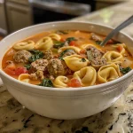Close-up view of a bowl of Chicken Tortellini Soup, showcasing vibrant ingredients.