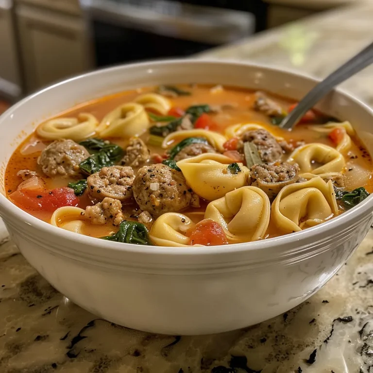 Close-up view of a bowl of Chicken Tortellini Soup, showcasing vibrant ingredients.