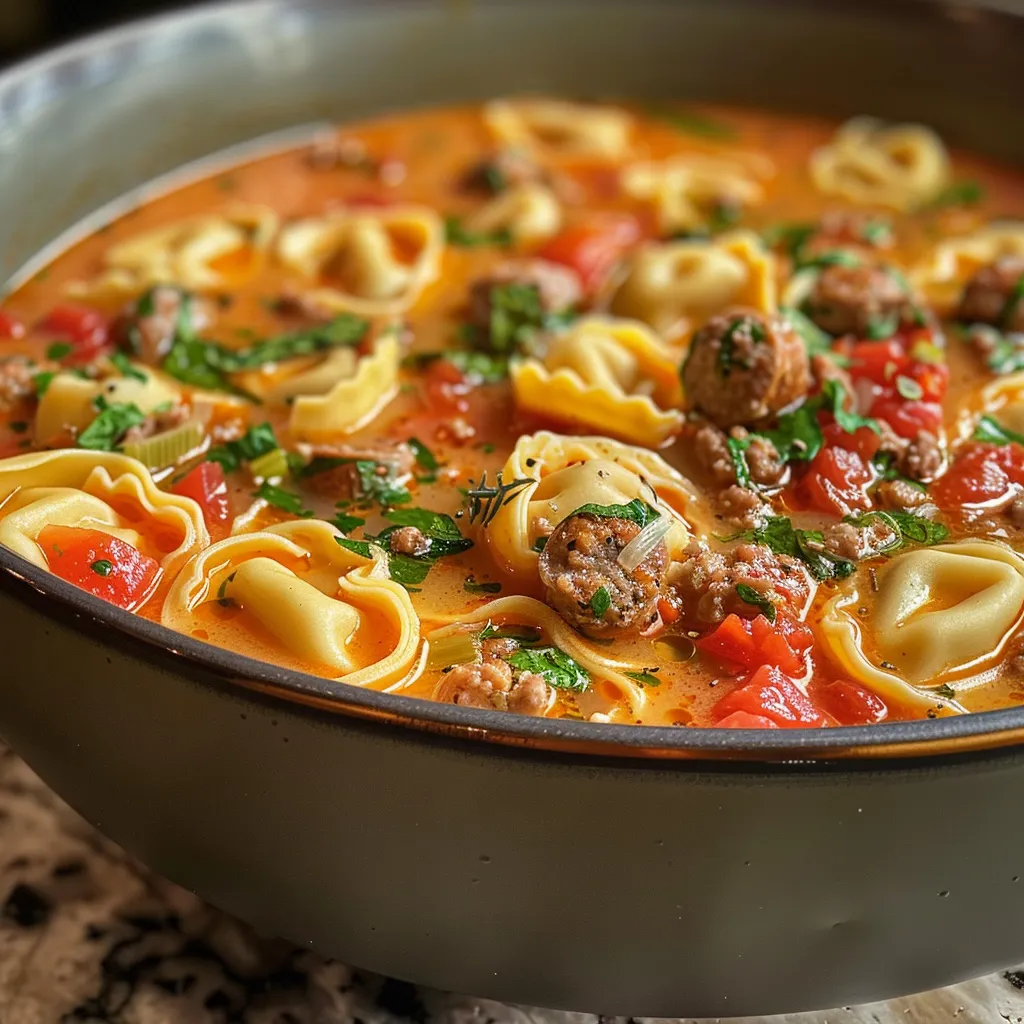 A side view of Chicken Tortellini Soup filled with tortellini, vegetables, and chicken.