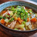 Close-up view of a bowl of Zero-Liquid Chinese Chicken Soup with visible chunks of chicken and vegetables.