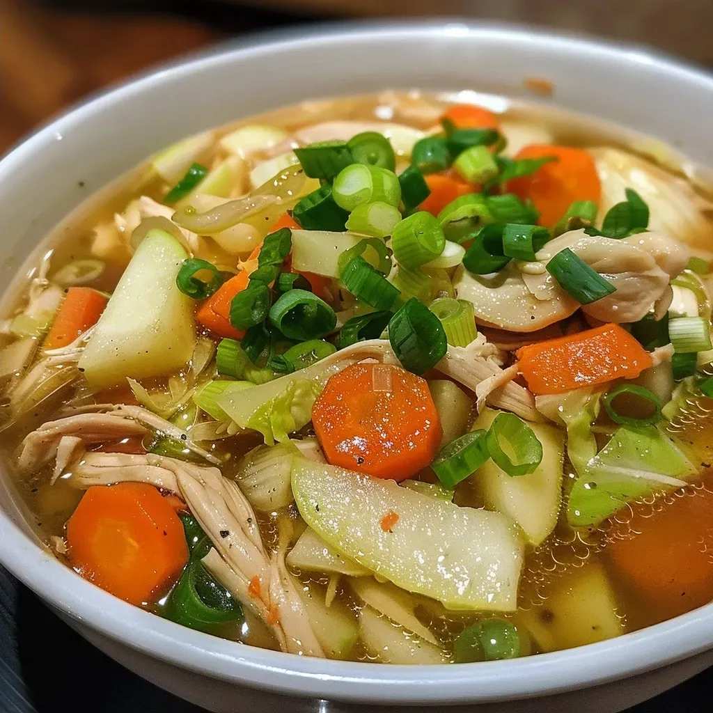 Side view of a steaming bowl of Chinese Chicken Soup featuring tender chicken, carrots, and scallions.